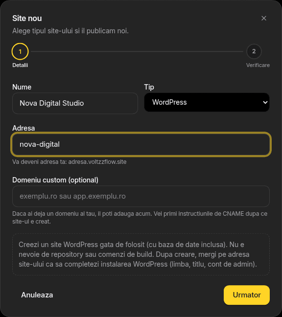 إنشاء موقع ووردبريس في Voltzzflow