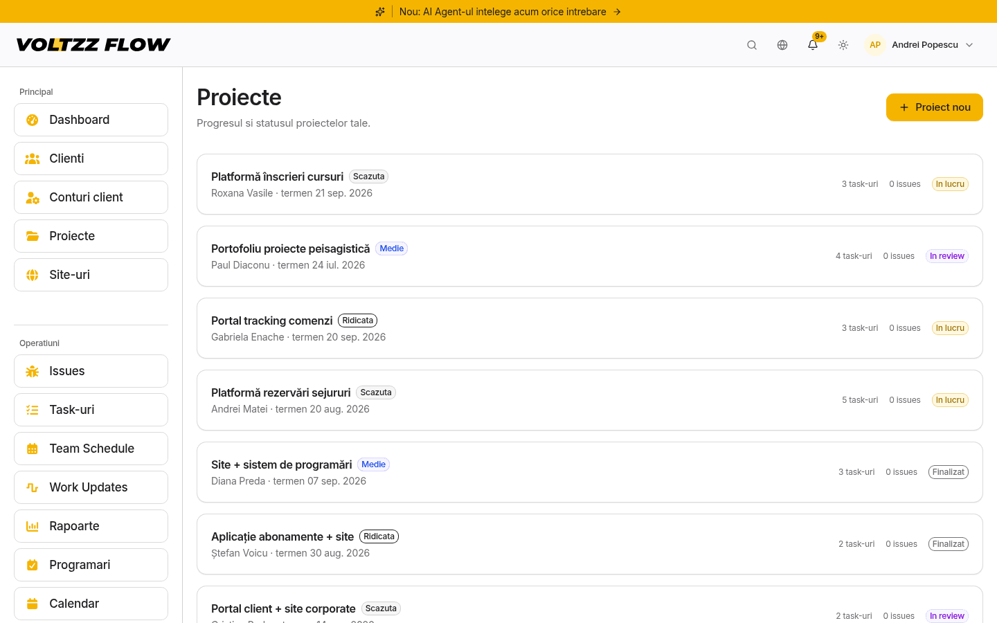 مشاريع العملاء في Voltzzflow مع المواعيد النهائية والمهام والحالة