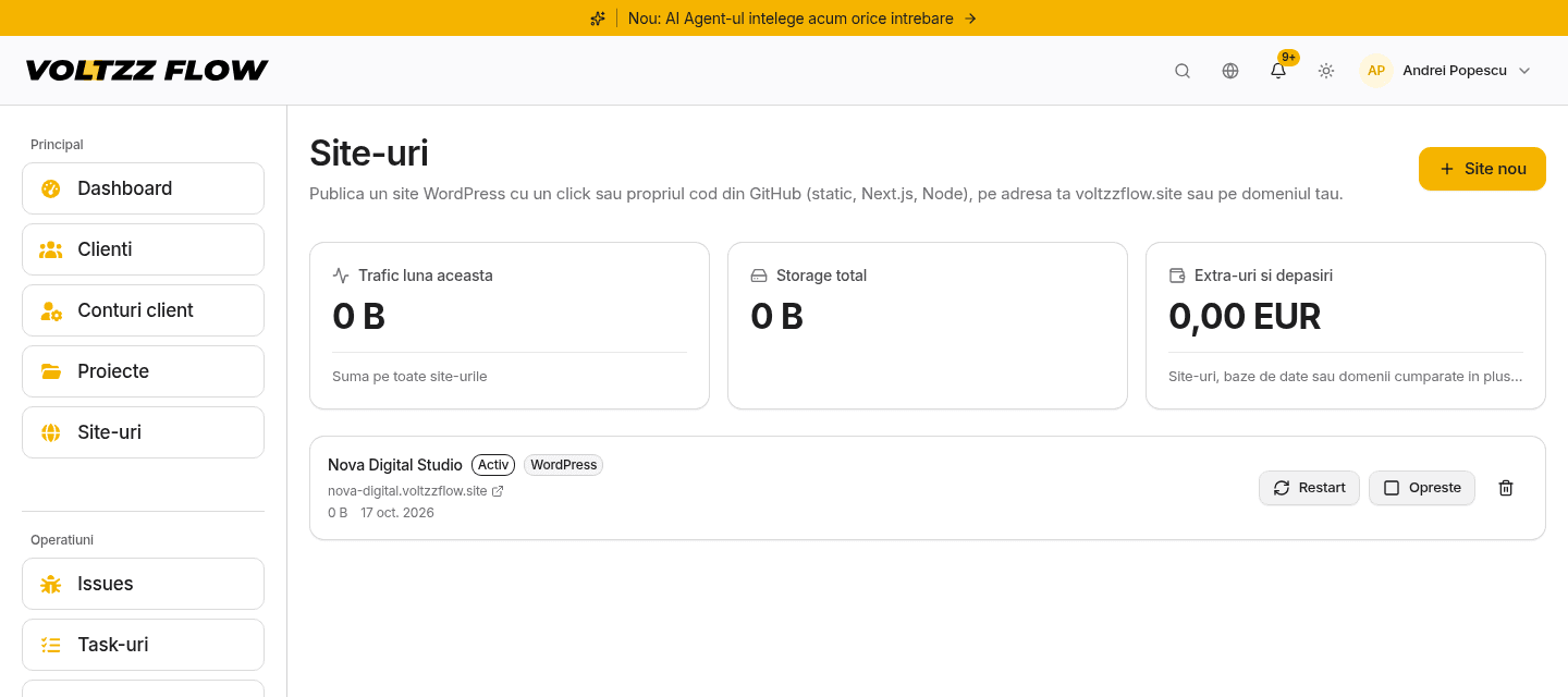 قائمة المواقع في Voltzzflow مع موقع ووردبريس نشط